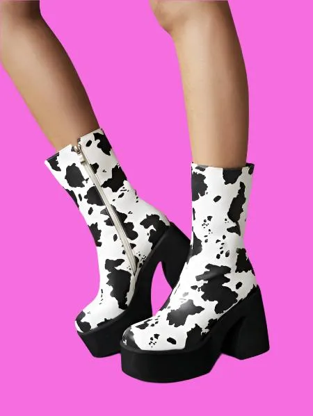 70s-Inspired Animal Print Platform Boots | Retro Chunky Heel Cow & Zebra Print Ankle Boots