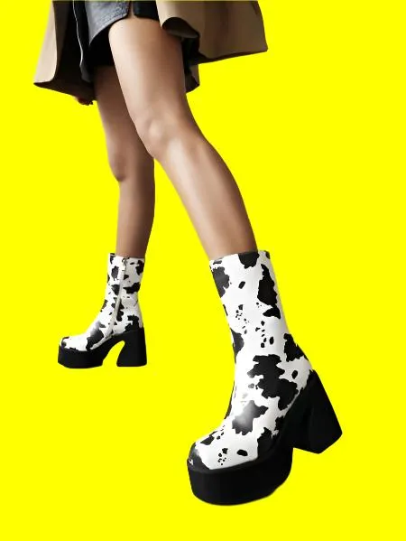 70s-Inspired Animal Print Platform Boots | Retro Chunky Heel Cow & Zebra Print Ankle Boots