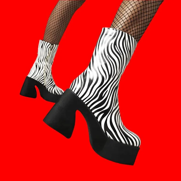 70s-Inspired Animal Print Platform Boots | Retro Chunky Heel Cow & Zebra Print Ankle Boots