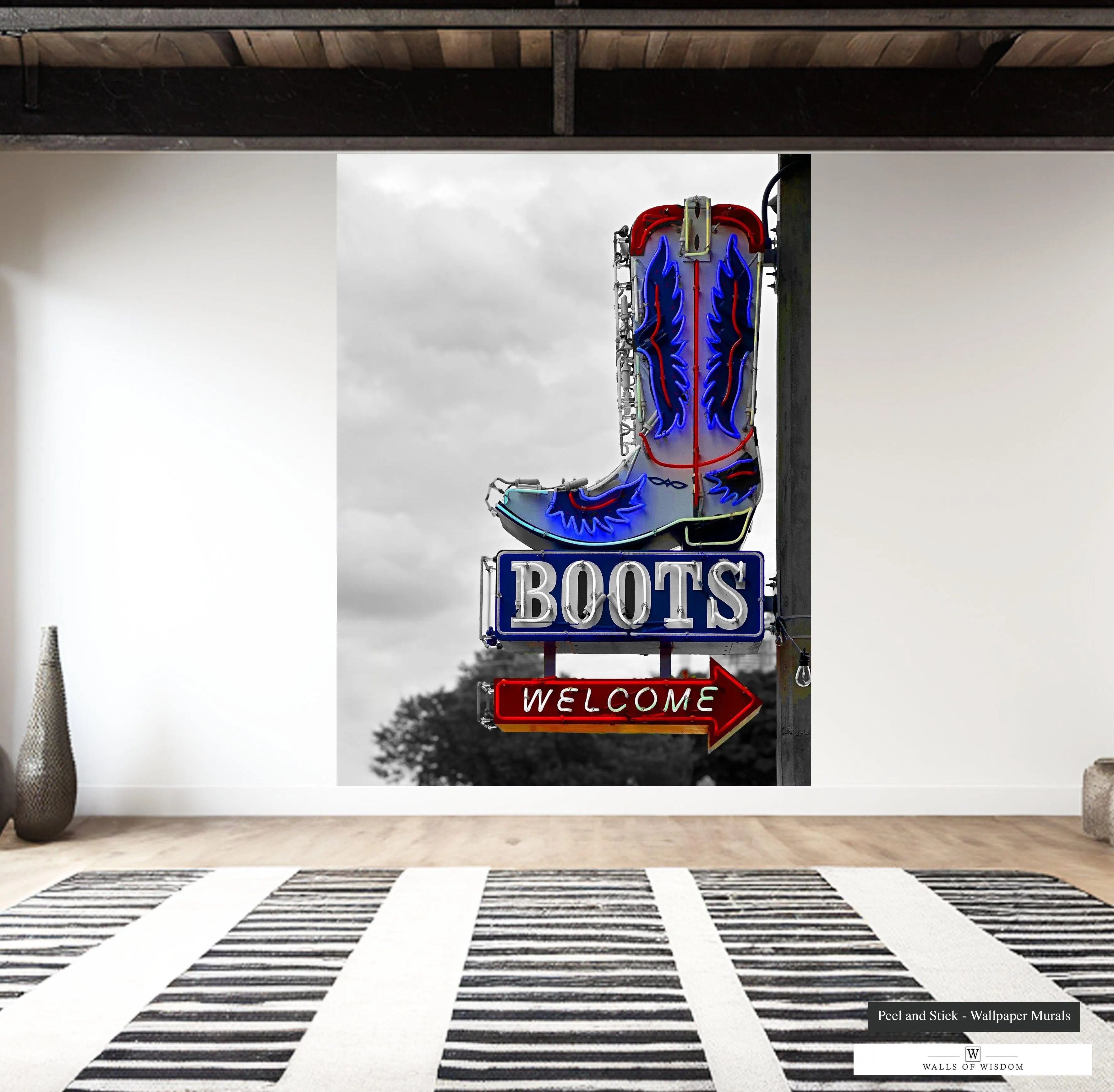 Boots Welcome Neon Sign Mural - Cowboy Boot Wall Art with Colorful Accents, Peel & Stick