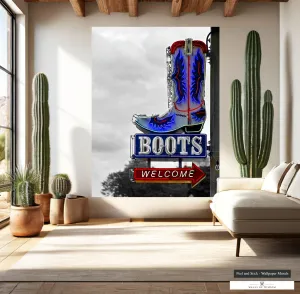 Boots Welcome Neon Sign Mural - Cowboy Boot Wall Art with Colorful Accents, Peel & Stick