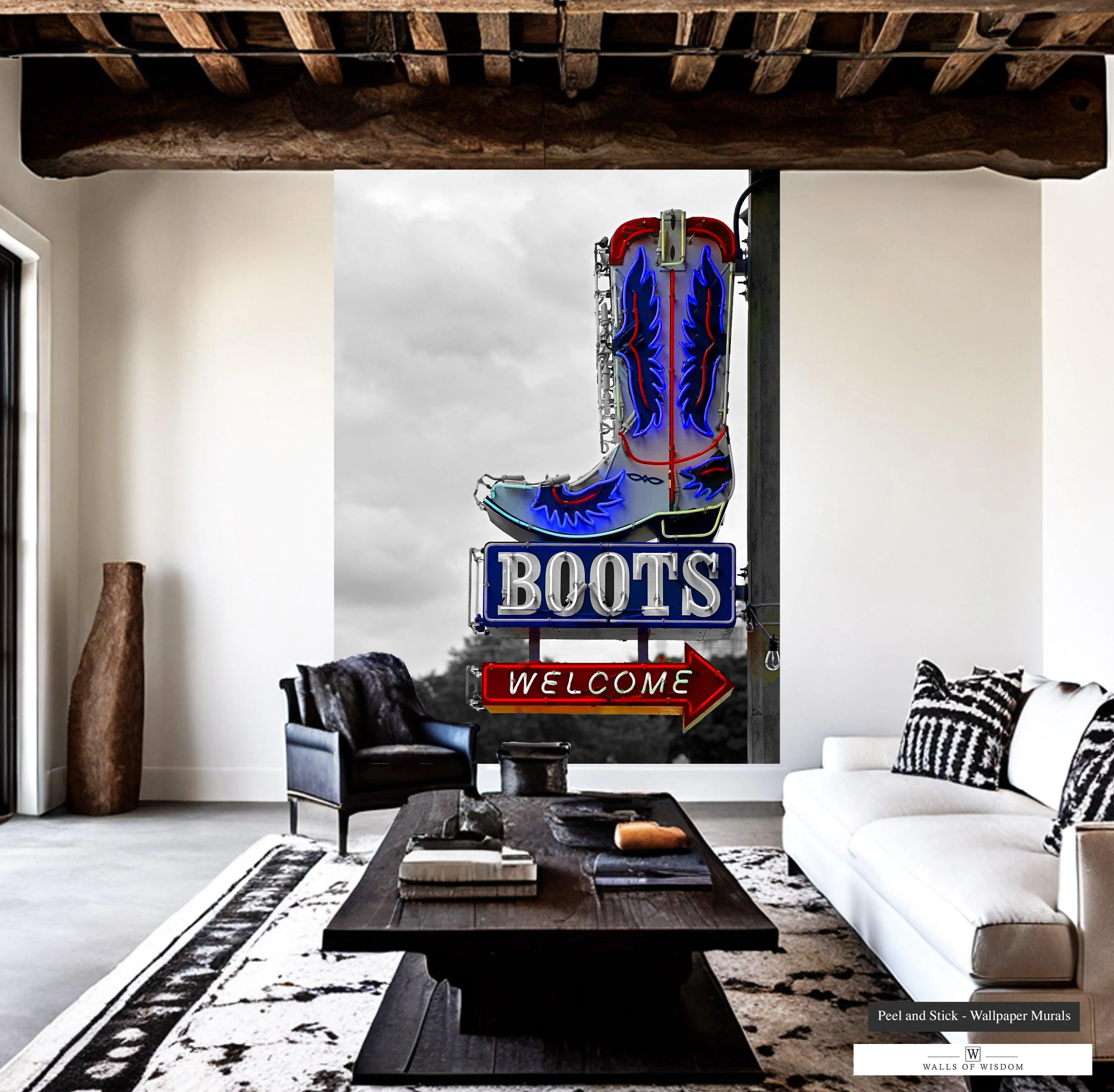 Boots Welcome Neon Sign Mural - Cowboy Boot Wall Art with Colorful Accents, Peel & Stick