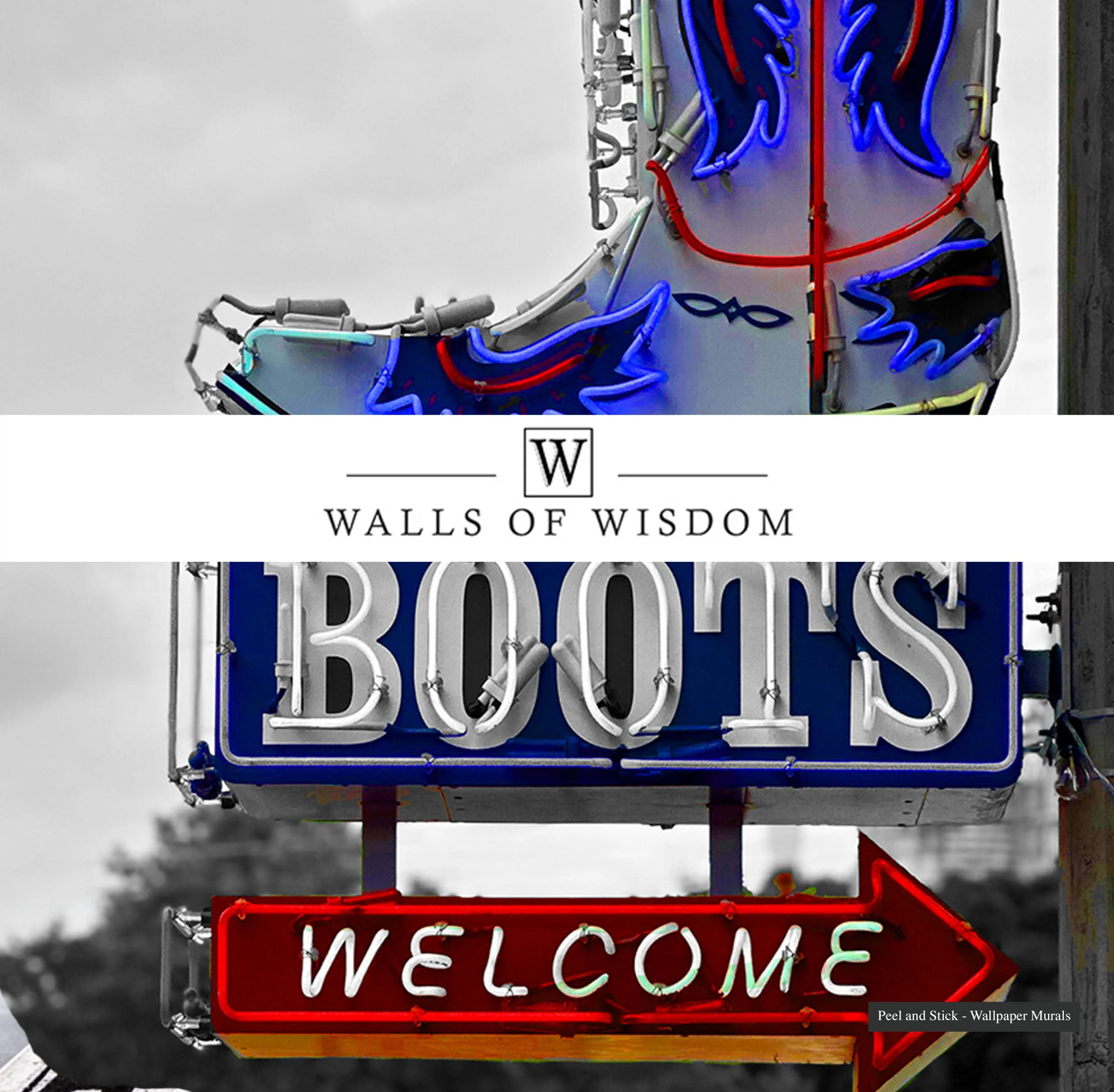 Boots Welcome Neon Sign Mural - Cowboy Boot Wall Art with Colorful Accents, Peel & Stick