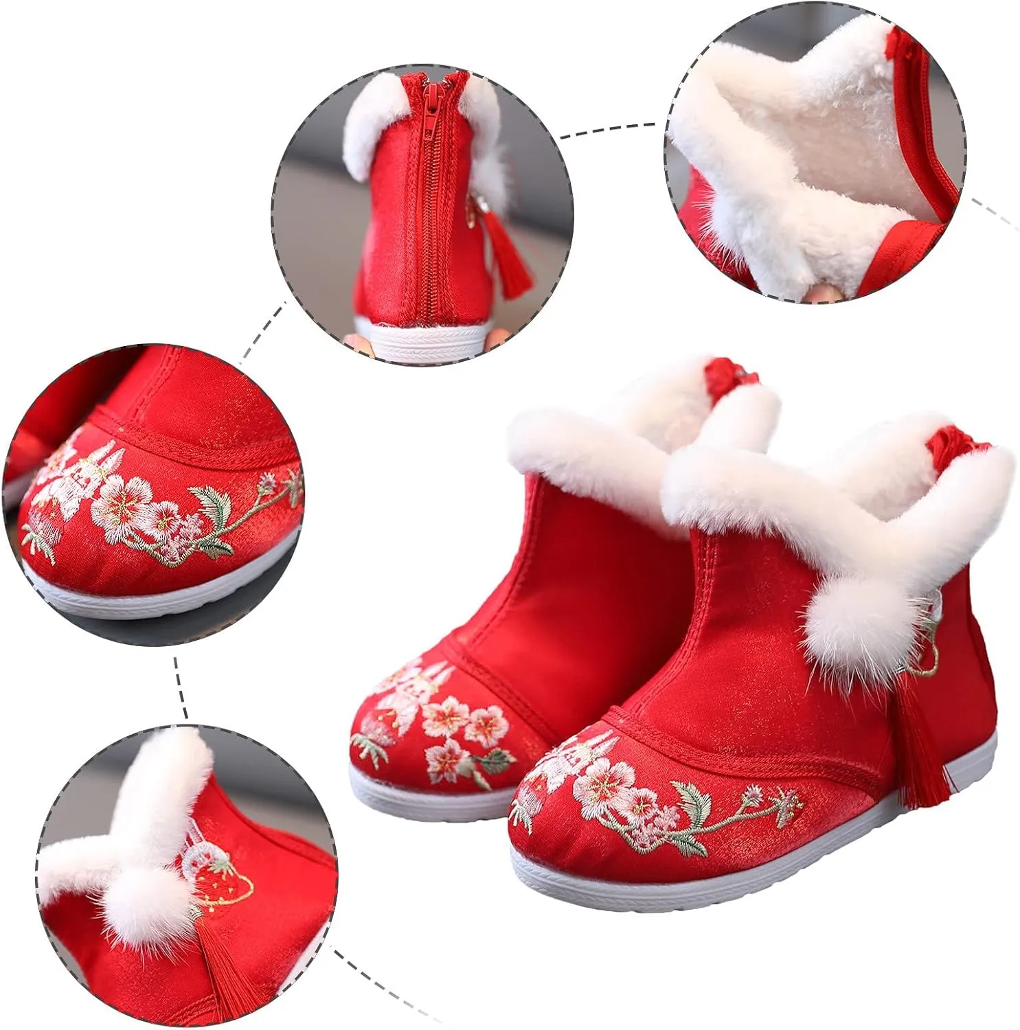 Children Shoes Girl Winter Cotton Boots Vintage Embroidered Cloth Boots Plush Inside of Toddler Dress Boots for Girls