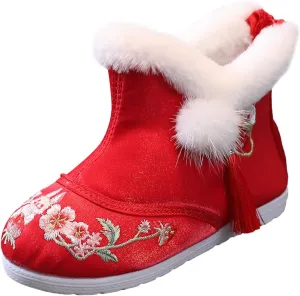 Children Shoes Girl Winter Cotton Boots Vintage Embroidered Cloth Boots Plush Inside of Toddler Dress Boots for Girls
