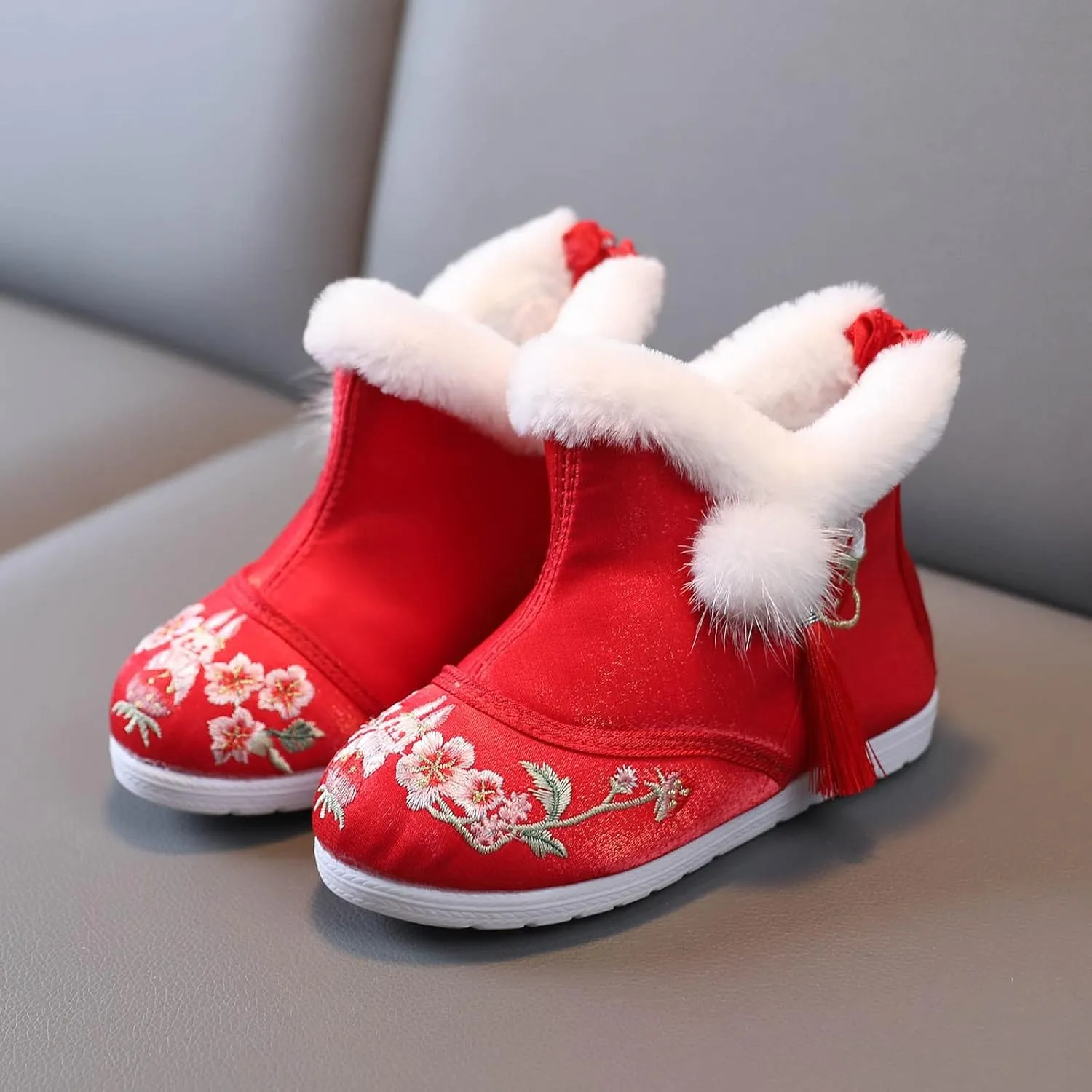 Children Shoes Girl Winter Cotton Boots Vintage Embroidered Cloth Boots Plush Inside of Toddler Dress Boots for Girls