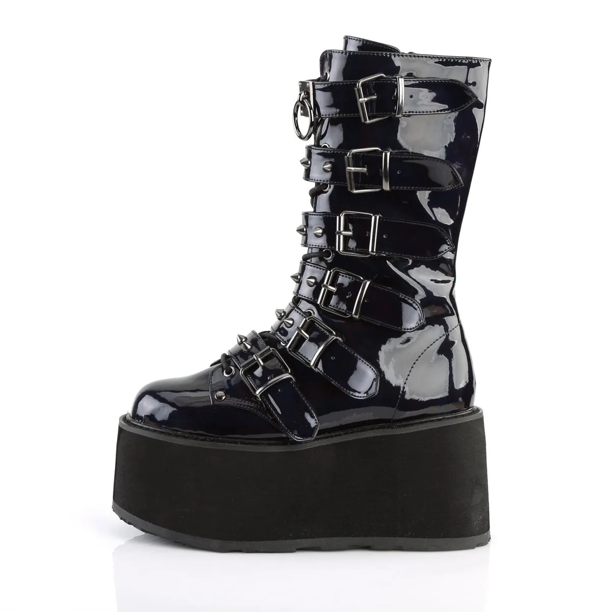 Demonia DAMNED-225 | Black Holo Vegan Leather Mid-Calf Boots