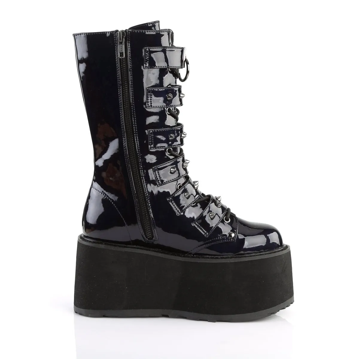 Demonia DAMNED-225 | Black Holo Vegan Leather Mid-Calf Boots