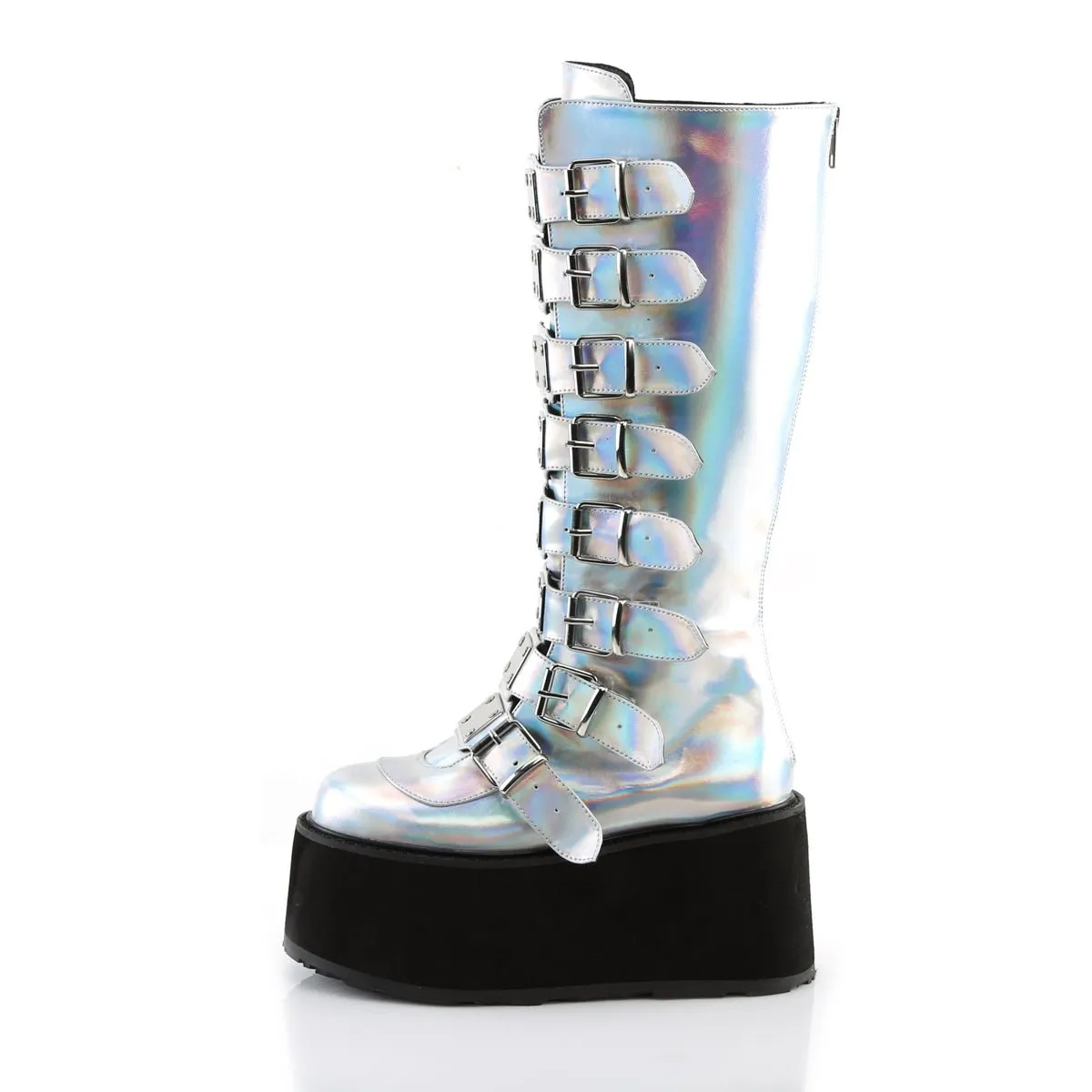 Demonia DAMNED-318 | Silver Holo Vegan Leather Knee High Boots