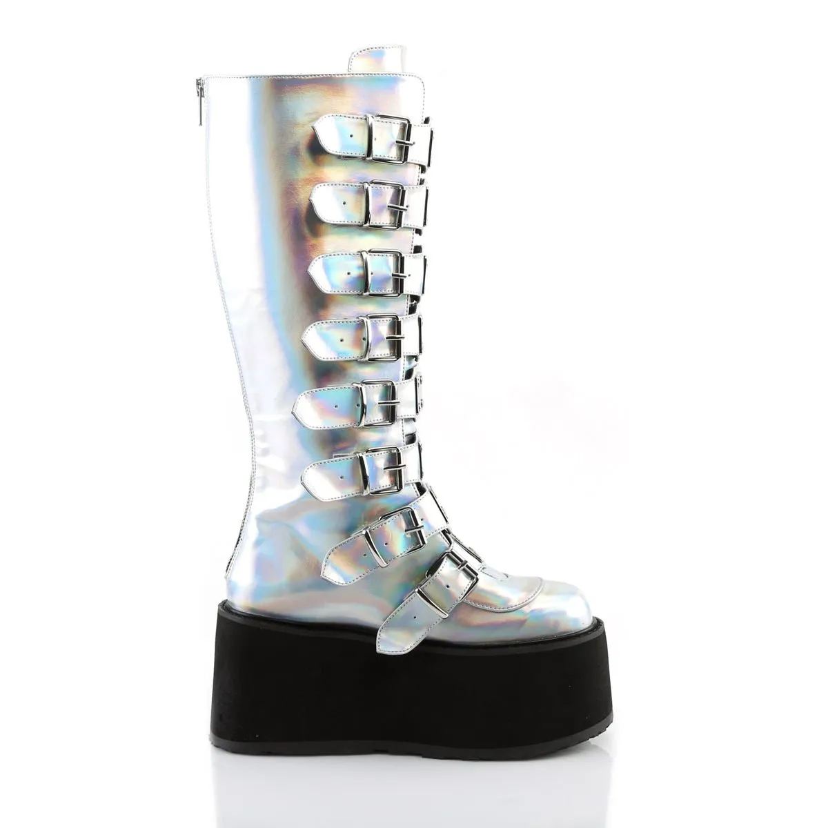 Demonia DAMNED-318 | Silver Holo Vegan Leather Knee High Boots
