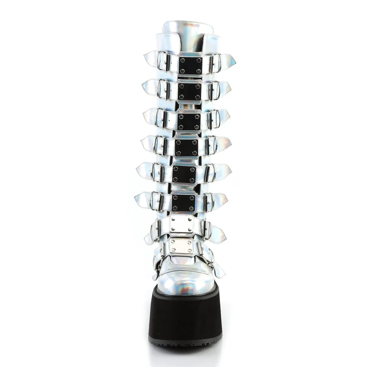 Demonia DAMNED-318 | Silver Holo Vegan Leather Knee High Boots