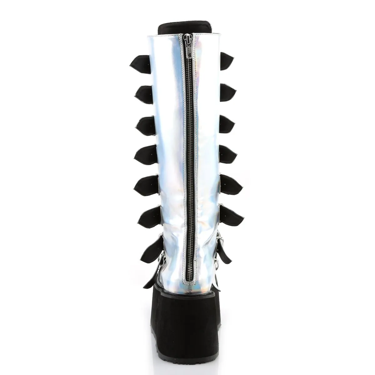 Demonia DAMNED-318 | Silver Holo Vegan Leather Knee High Boots