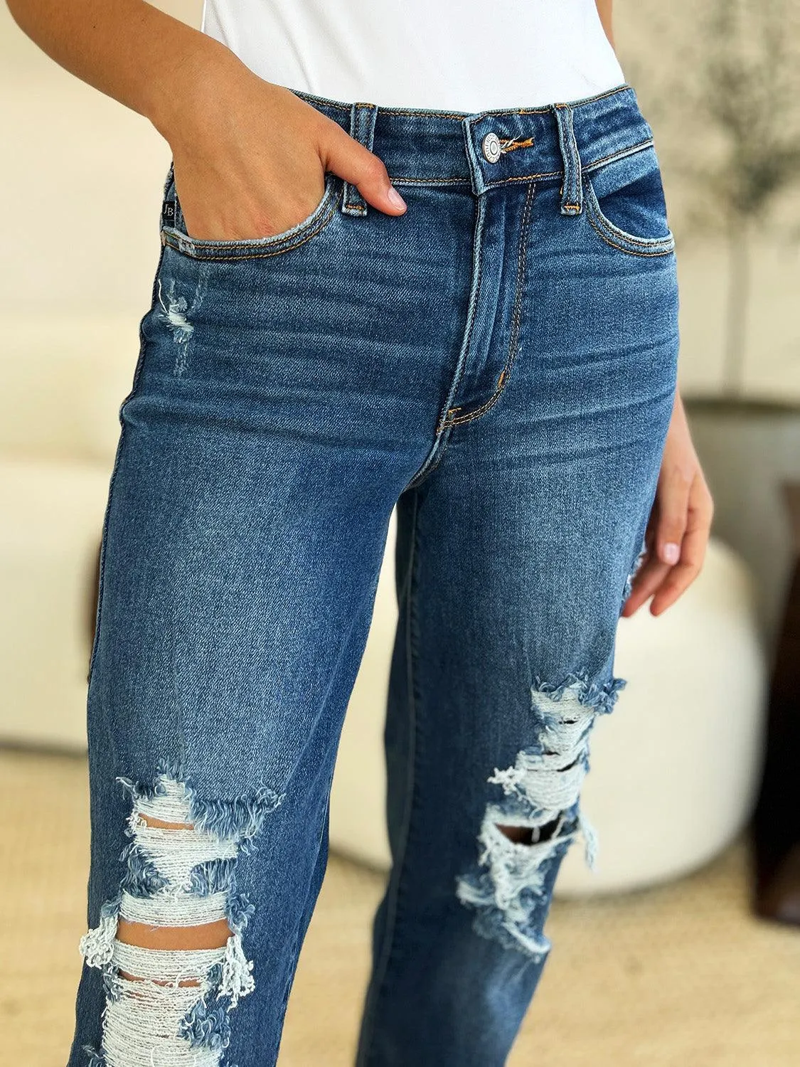 Denim Pants Judy Blue Plus Size Mid Rise Distressed Raw Hem Jeans