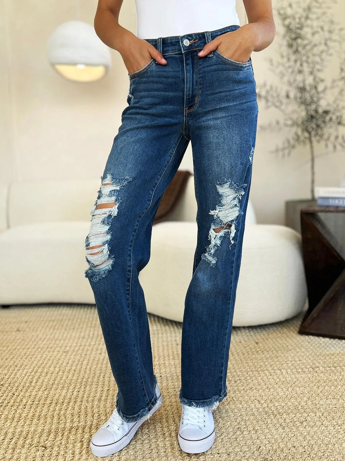Denim Pants Judy Blue Plus Size Mid Rise Distressed Raw Hem Jeans