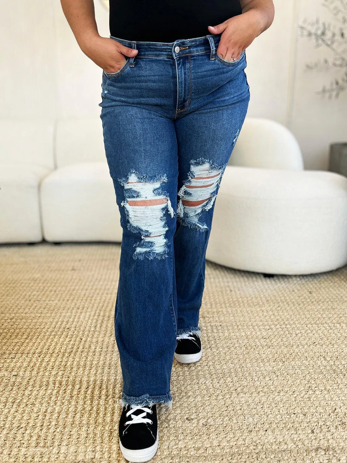 Denim Pants Judy Blue Plus Size Mid Rise Distressed Raw Hem Jeans