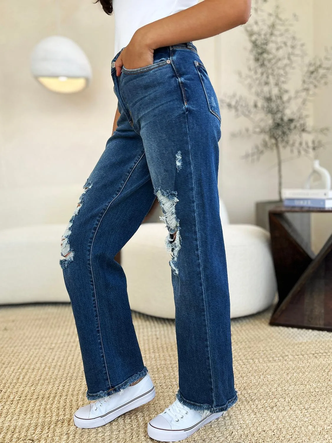 Denim Pants Judy Blue Plus Size Mid Rise Distressed Raw Hem Jeans