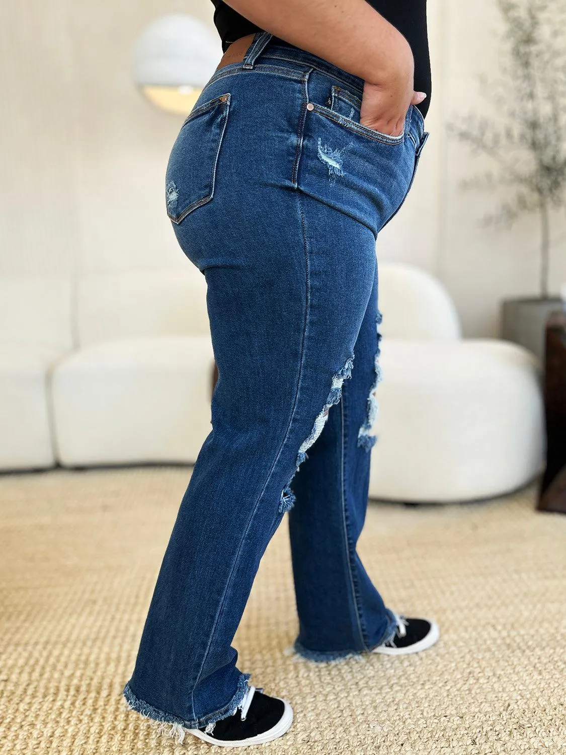 Denim Pants Judy Blue Plus Size Mid Rise Distressed Raw Hem Jeans