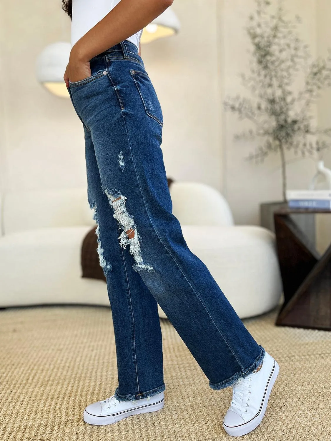 Denim Pants Judy Blue Plus Size Mid Rise Distressed Raw Hem Jeans