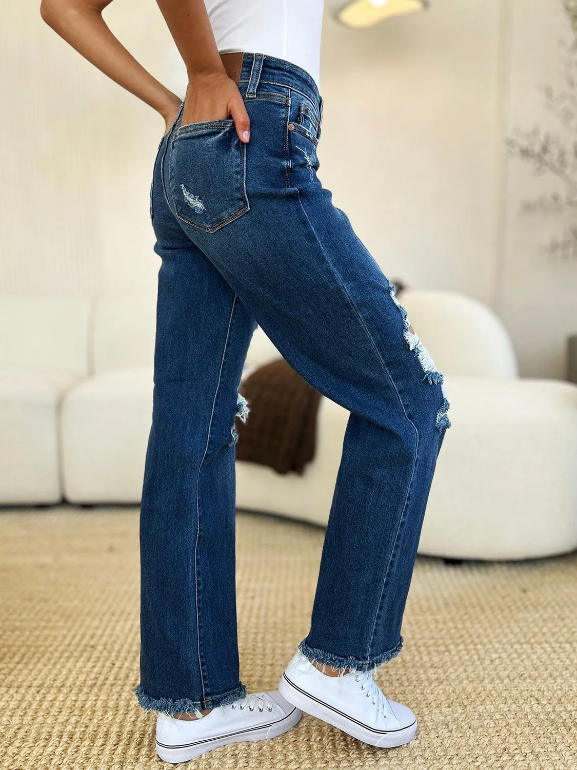 Denim Pants Judy Blue Plus Size Mid Rise Distressed Raw Hem Jeans