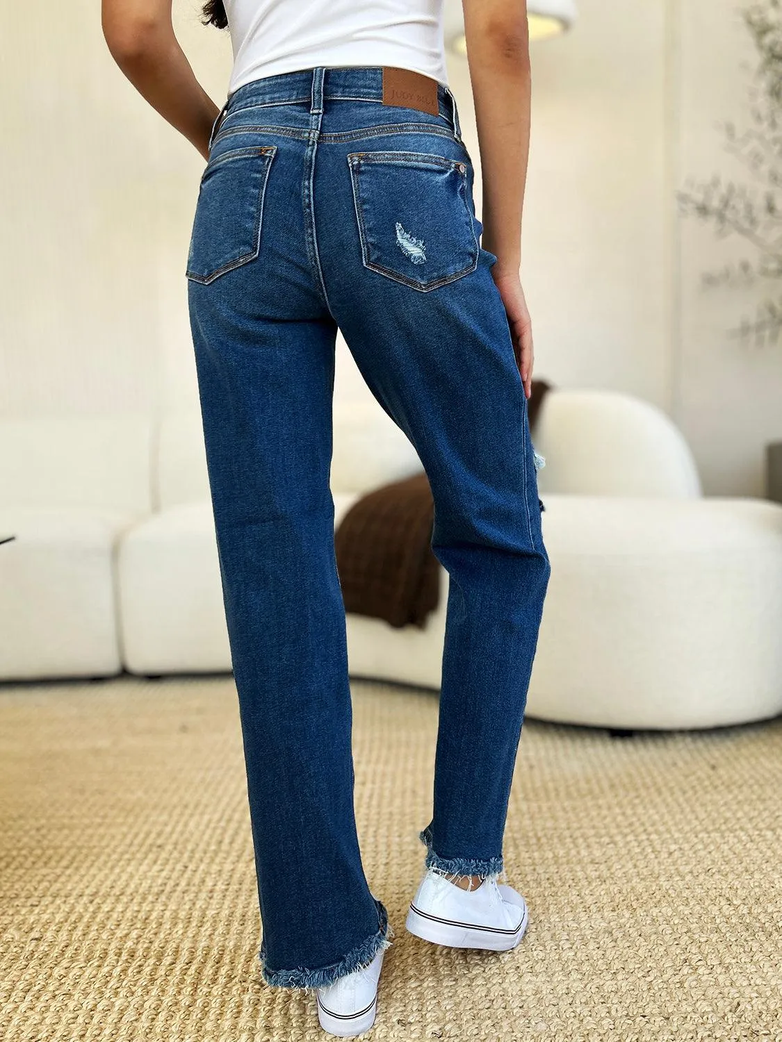 Denim Pants Judy Blue Plus Size Mid Rise Distressed Raw Hem Jeans
