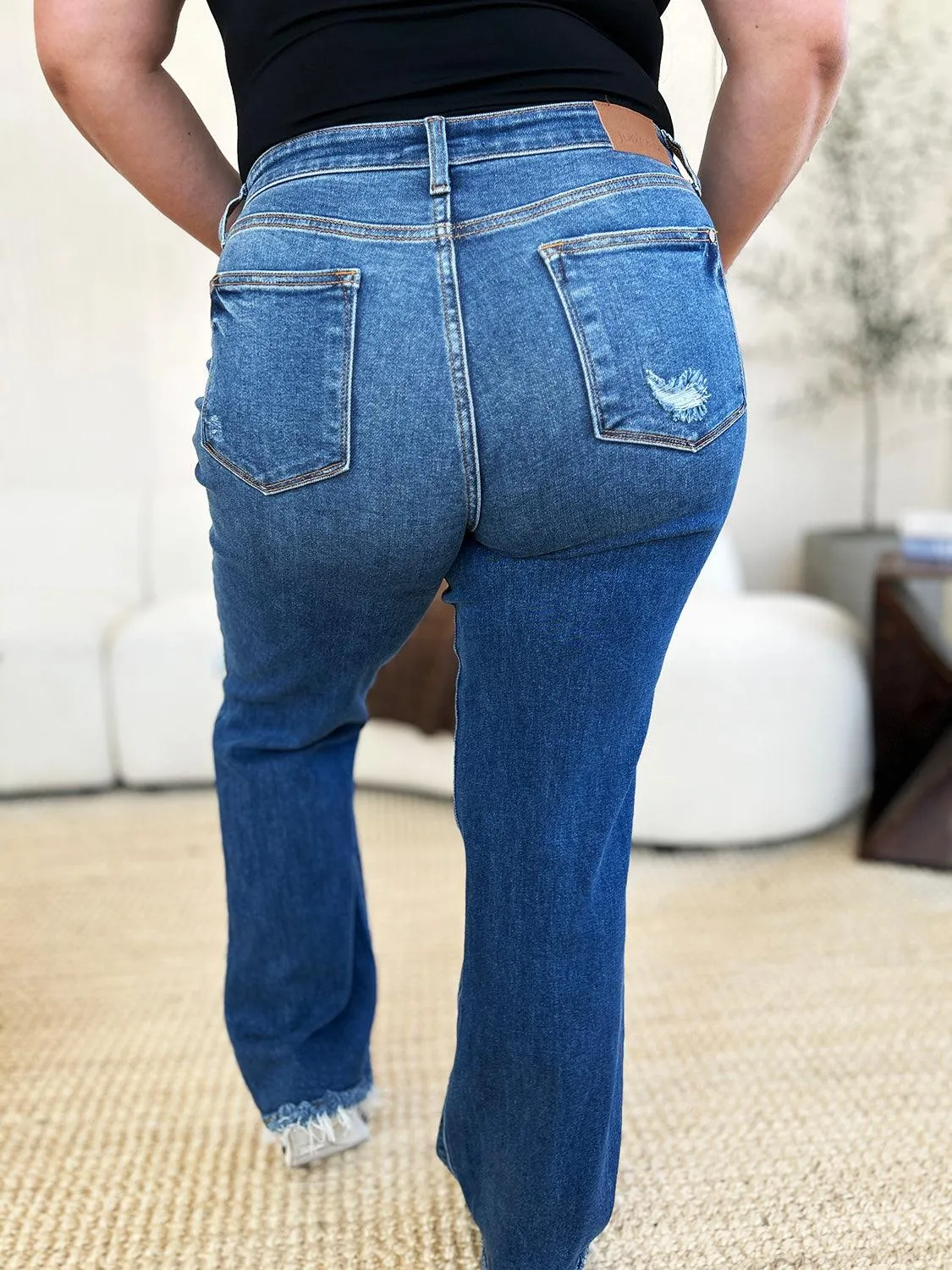 Denim Pants Judy Blue Plus Size Mid Rise Distressed Raw Hem Jeans