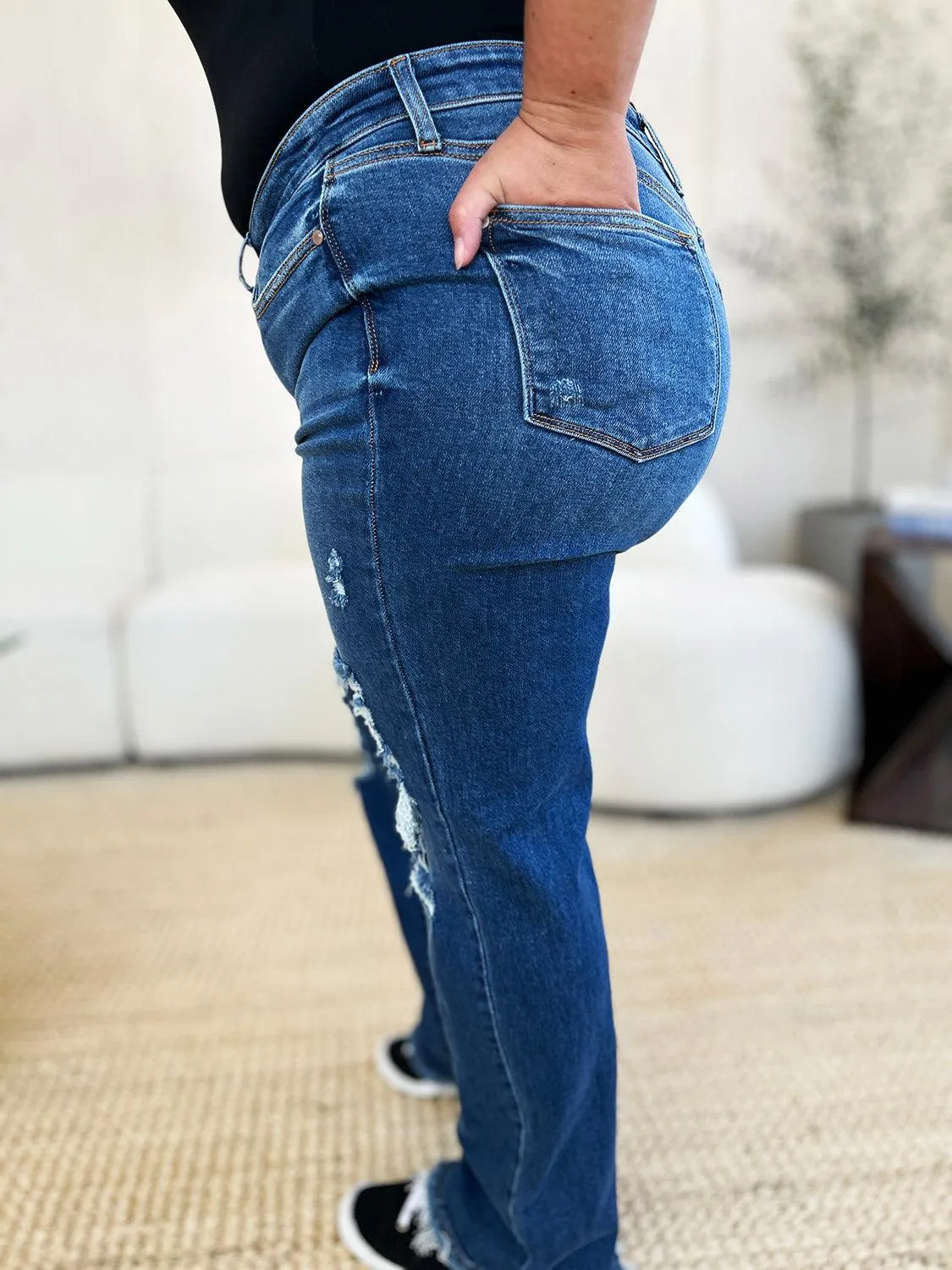 Denim Pants Judy Blue Plus Size Mid Rise Distressed Raw Hem Jeans