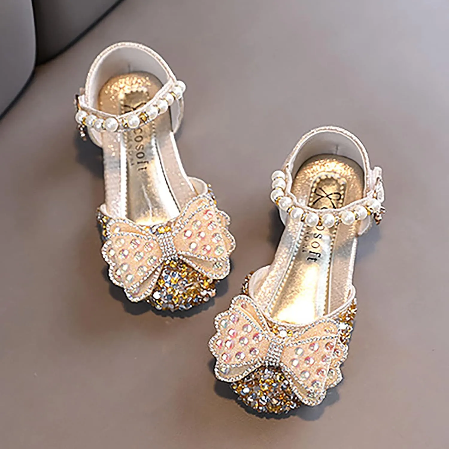 Fashion Spring and Summer Children Dance Shoes Girls Dress Performance Princess Shoes Rhinestone Kids Leather Shoes (Gold, 3-3.5 Years Toddler)
