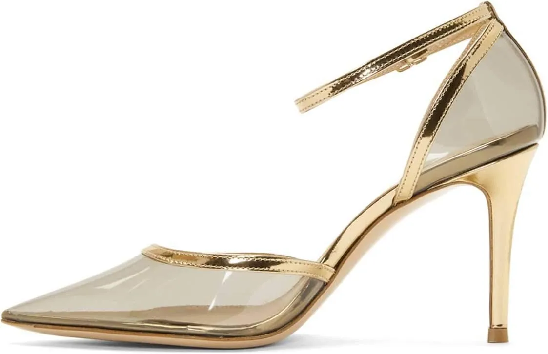 FSJ Women Prom Clear PVC High Heel Sandals Pointed Toe Ankle Strap Pumps D'Orsay Transparent Party Shoes Size 4-15 US