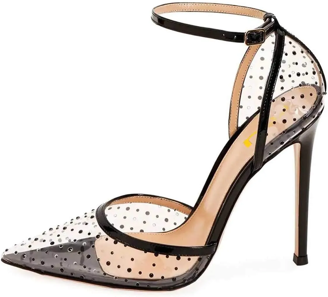 FSJ Women Prom Clear PVC High Heel Sandals Pointed Toe Ankle Strap Pumps D'Orsay Transparent Party Shoes Size 4-15 US