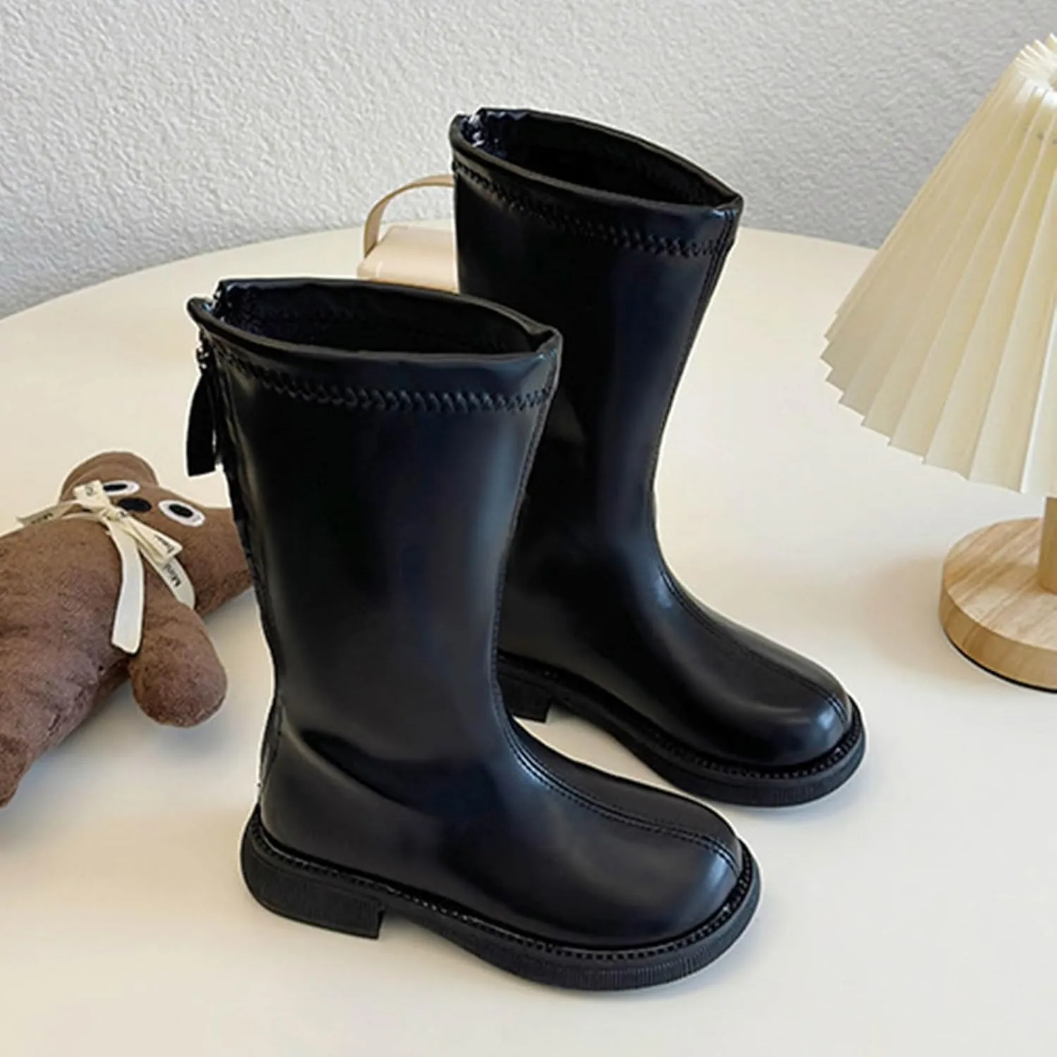 Girls Knee High Motorcycle Riding Boots Kids Zipper PU Leather Solid Non Slip Warm Snow Shoes Youth Girl Boots Size 5