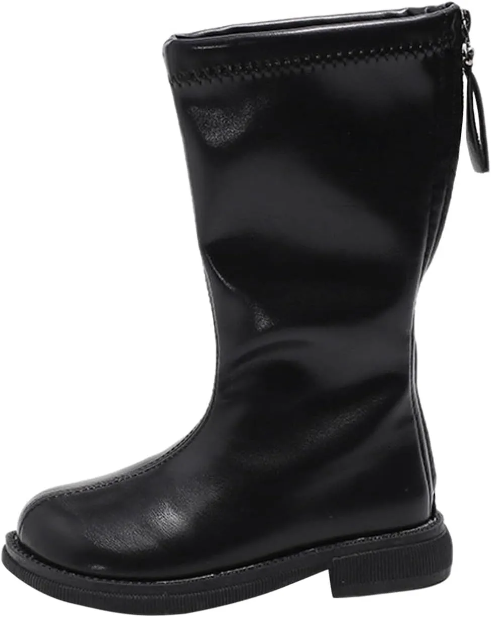 Girls Knee High Motorcycle Riding Boots Kids Zipper PU Leather Solid Non Slip Warm Snow Shoes Youth Girl Boots Size 5