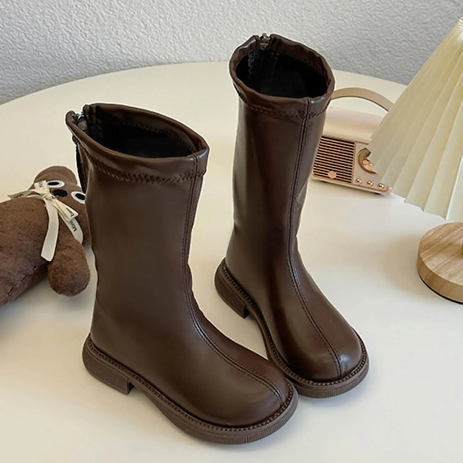 Girls Knee High Motorcycle Riding Boots Kids Zipper PU Leather Solid Non Slip Warm Snow Shoes Youth Girl Boots Size 5