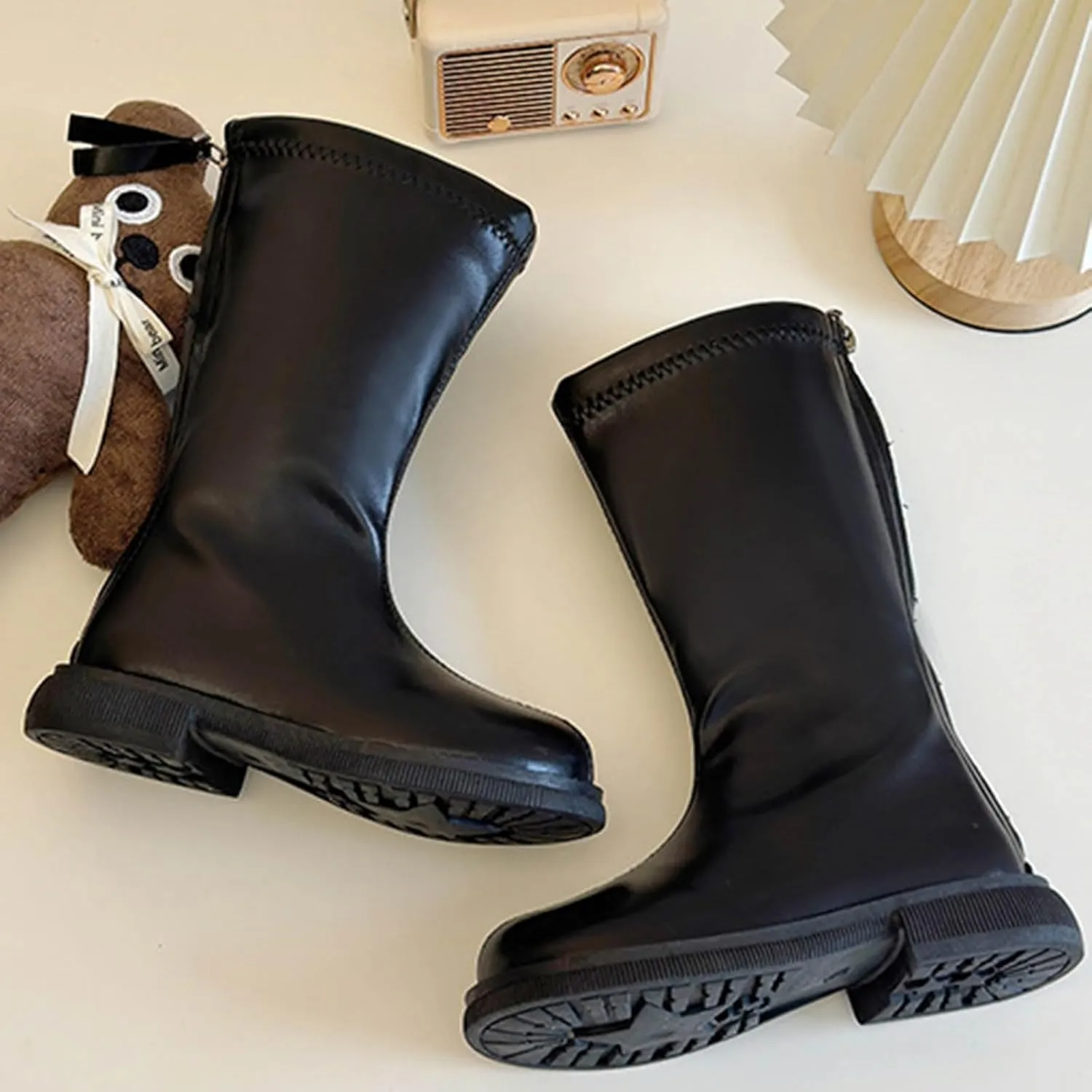 Girls Knee High Motorcycle Riding Boots Kids Zipper PU Leather Solid Non Slip Warm Snow Shoes Youth Girl Boots Size 5