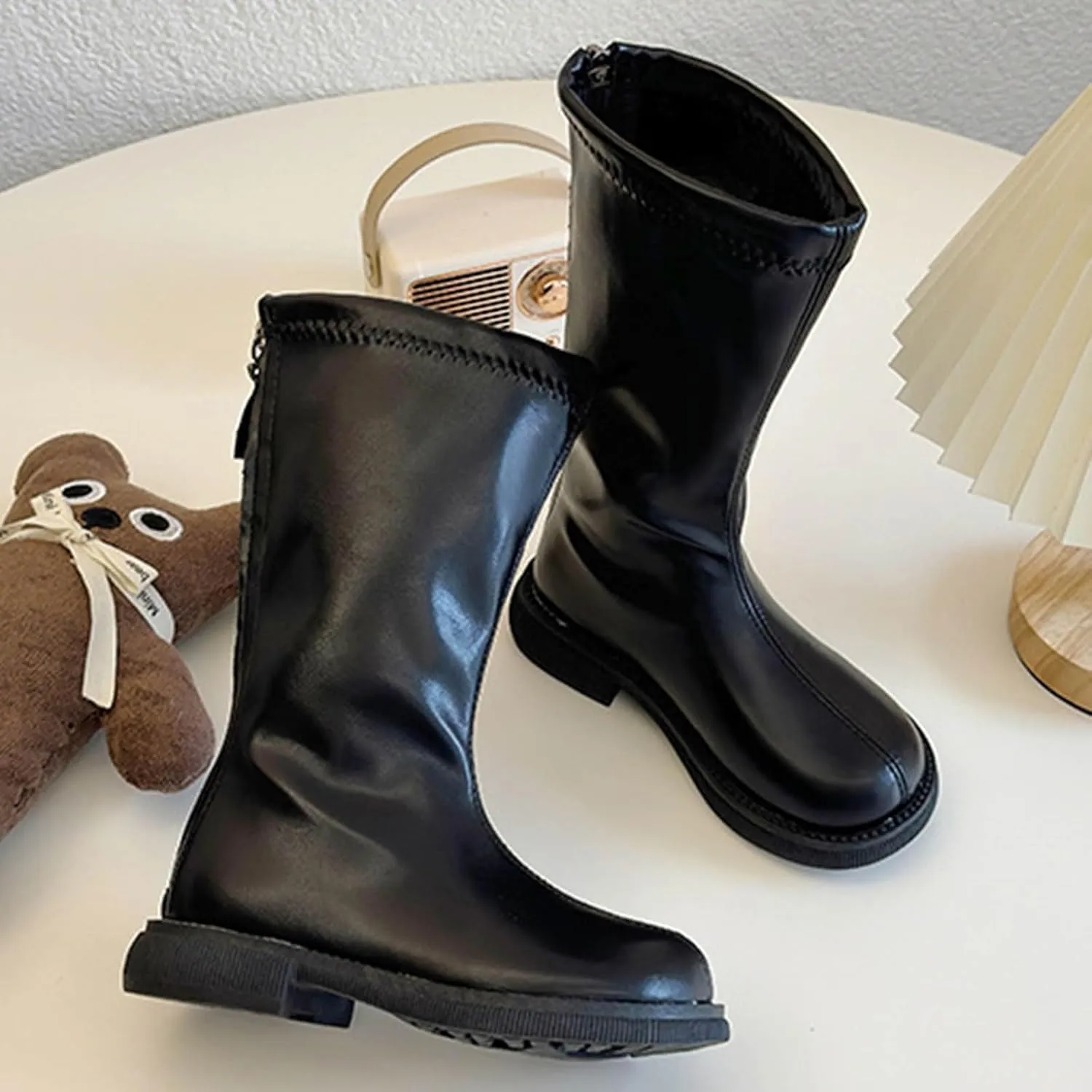 Girls Knee High Motorcycle Riding Boots Kids Zipper PU Leather Solid Non Slip Warm Snow Shoes Youth Girl Boots Size 5