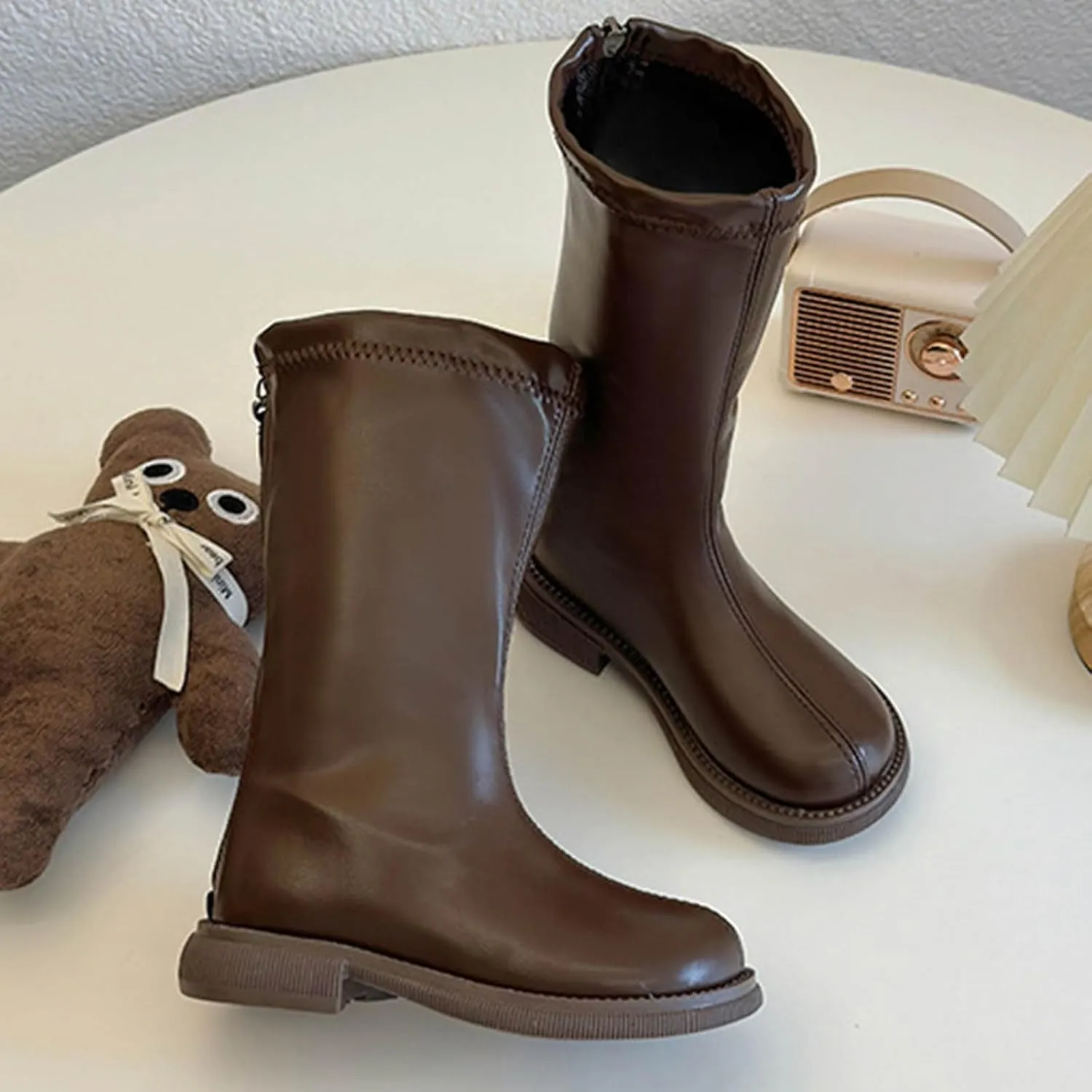 Girls Knee High Motorcycle Riding Boots Kids Zipper PU Leather Solid Non Slip Warm Snow Shoes Youth Girl Boots Size 5