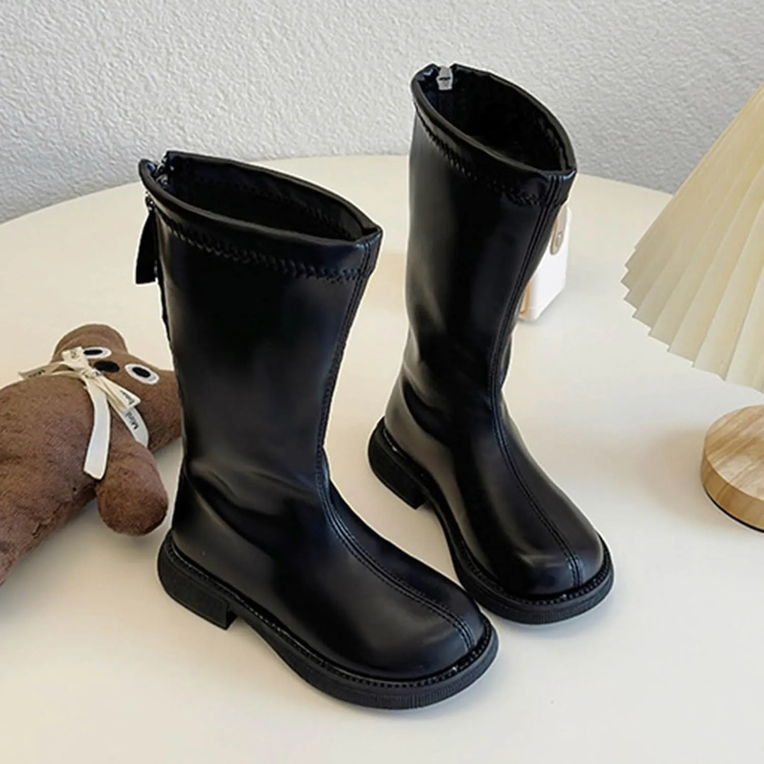 Girls Knee High Motorcycle Riding Boots Kids Zipper PU Leather Solid Non Slip Warm Snow Shoes Youth Girl Boots Size 5