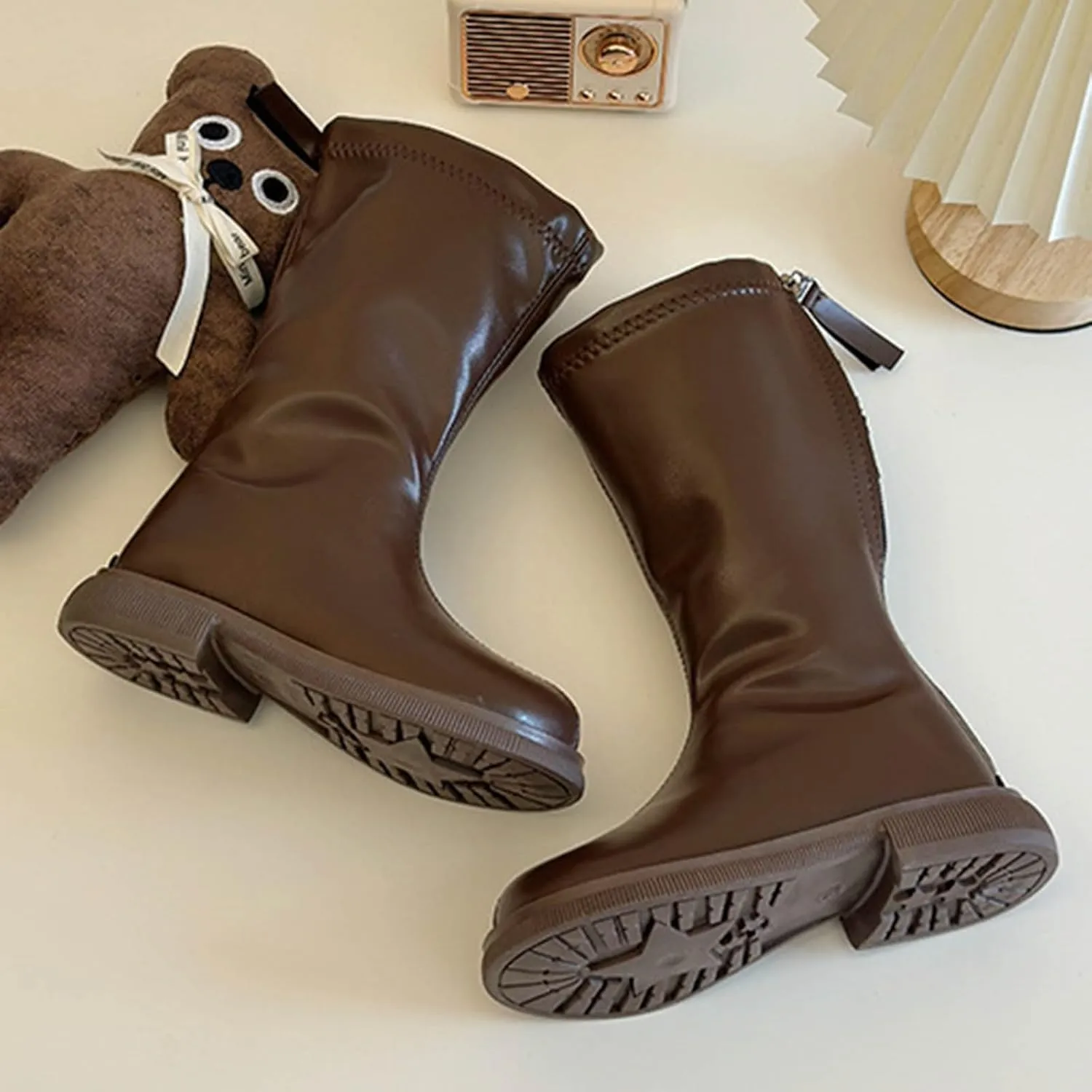 Girls Knee High Motorcycle Riding Boots Kids Zipper PU Leather Solid Non Slip Warm Snow Shoes Youth Girl Boots Size 5