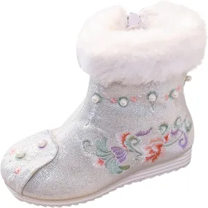 Girls Shoes Warm Cotton Boots Embroidered Boots National Boots Princess Cotton Boots Big Girl Dress Shoes
