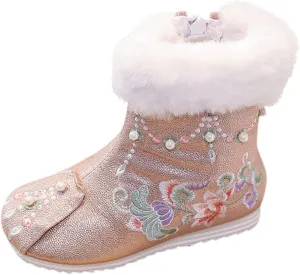 Girls Shoes Warm Cotton Boots Embroidered Boots National Boots Princess Cotton Boots Big Girl Dress Shoes