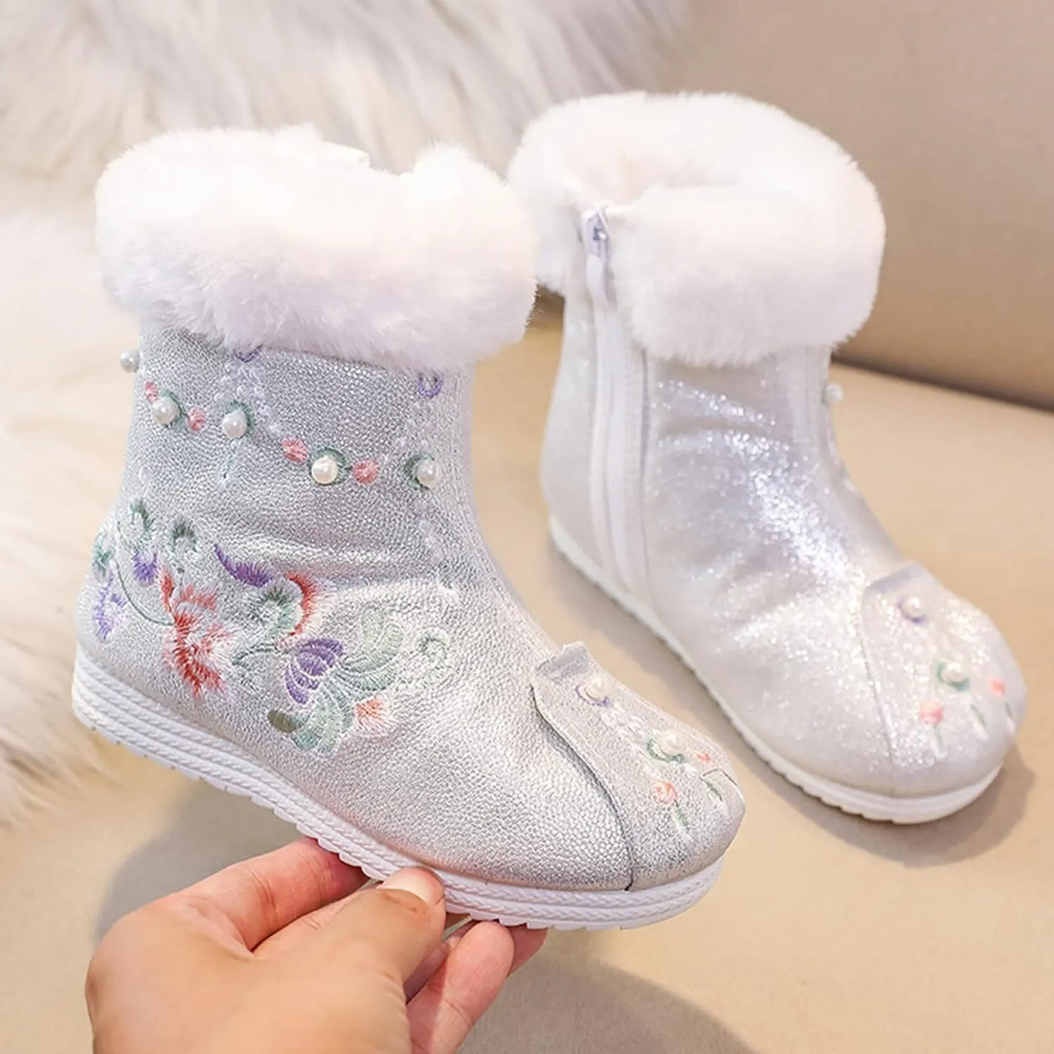 Girls Shoes Warm Cotton Boots Embroidered Boots National Boots Princess Cotton Boots Big Girl Dress Shoes