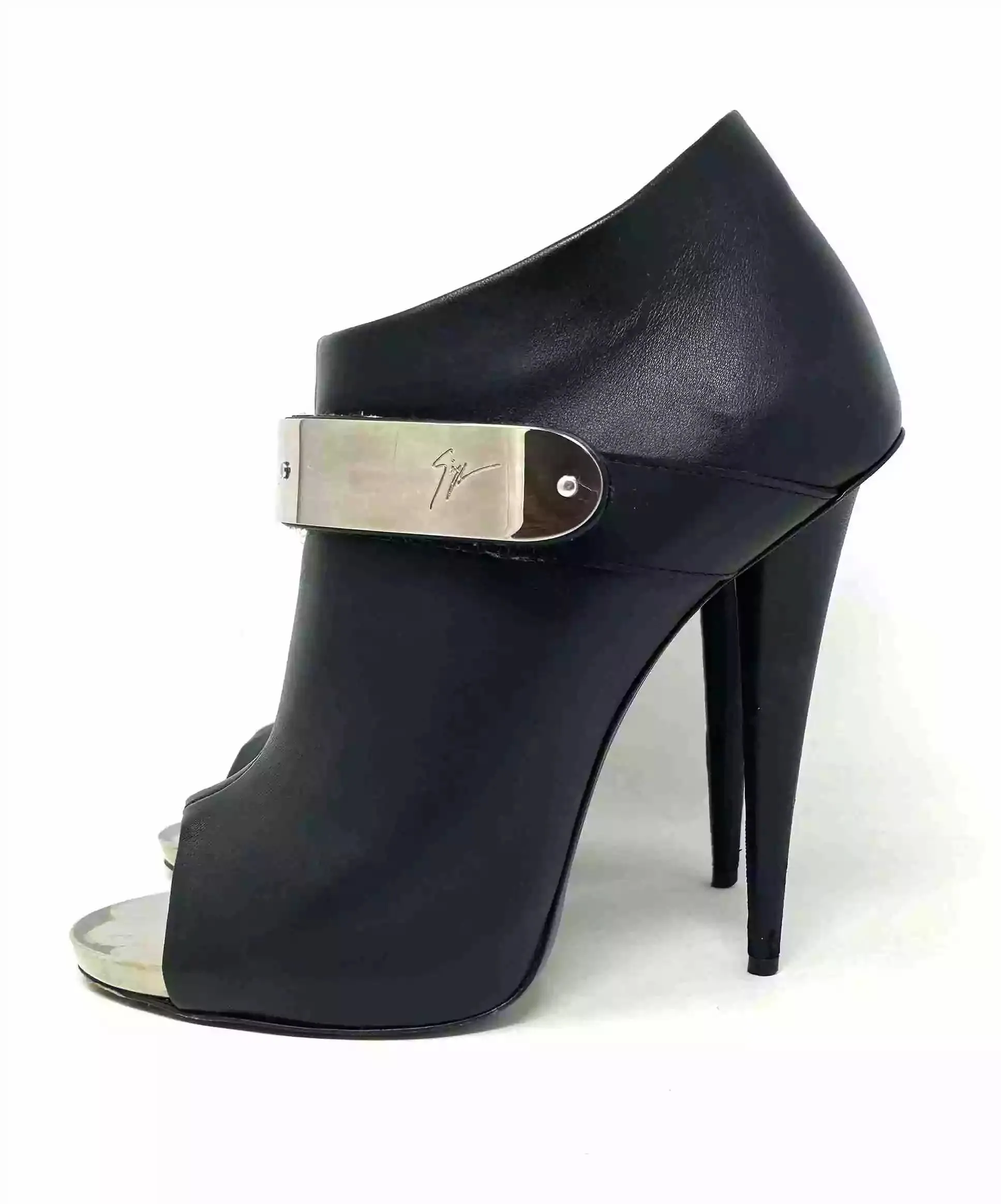Giuseppe Zanotti Black Leather Metal Strap Open Toe Ankle Boots 38 UK 5