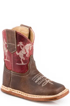 INFANT BOYS BROWN LEATHER VAMP WITH EMBROIDERED HORSE RIDER ON RED SHAFT