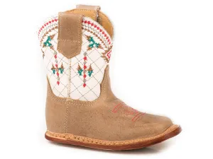INFANT GIRLS TAN LEATHER VAMP WITH EMBROIDERED NATIVE DESIGN ON WHITE SHAFT