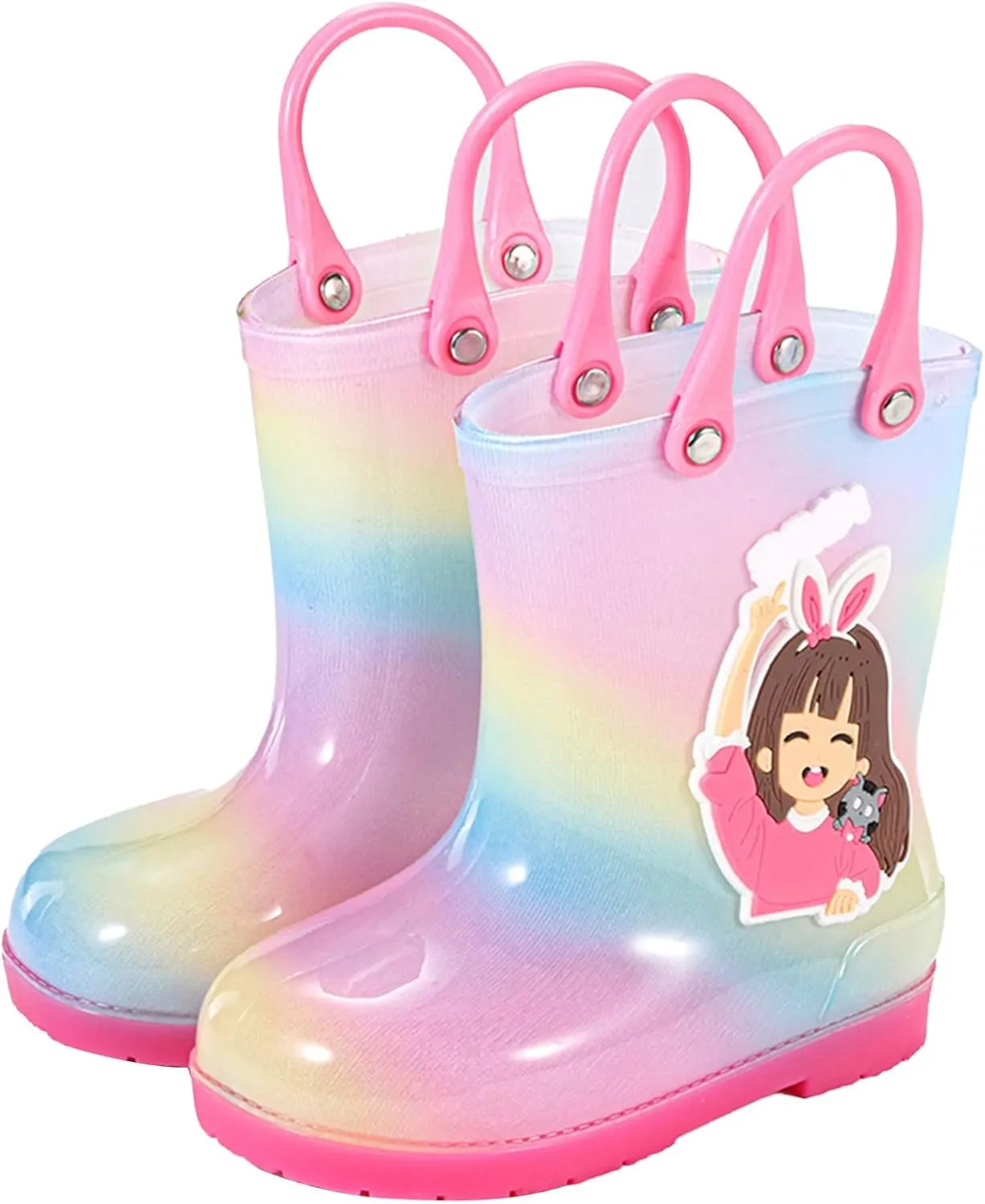 Kids PVC Rain Boots Easy On Handles For Girls Boys Lightweight Sparkly Rain Boots Toddler Boy Toddler And Little Kid