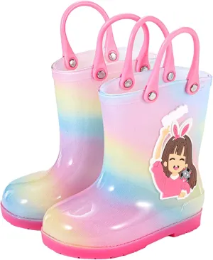 Kids PVC Rain Boots Easy On Handles For Girls Boys Lightweight Sparkly Rain Boots Toddler Boy Toddler And Little Kid