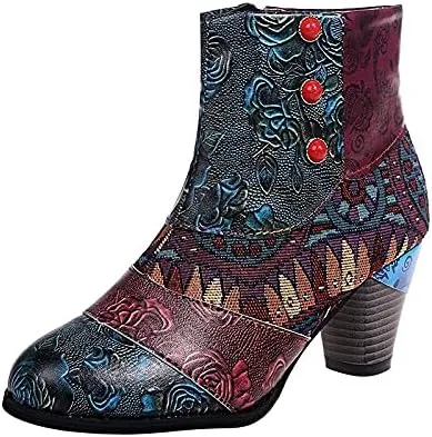 Ladies Short Boots Chunky Heels Fashion Casual Retro Floral Print Side Zipper Pointed Toe Ankle Booties Autumn Winter Pump Shoes Leather High Heel Boots Ethnic Style Dressy 2024