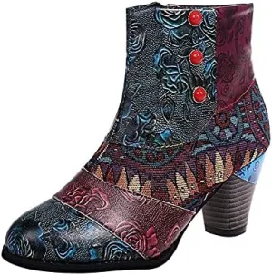 Ladies Short Boots Chunky Heels Fashion Casual Retro Floral Print Side Zipper Pointed Toe Ankle Booties Autumn Winter Pump Shoes Leather High Heel Boots Ethnic Style Dressy 2024