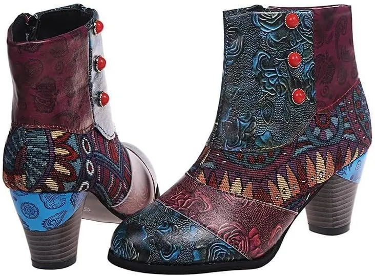Ladies Short Boots Chunky Heels Fashion Casual Retro Floral Print Side Zipper Pointed Toe Ankle Booties Autumn Winter Pump Shoes Leather High Heel Boots Ethnic Style Dressy 2024