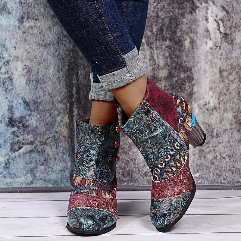Ladies Short Boots Chunky Heels Fashion Casual Retro Floral Print Side Zipper Pointed Toe Ankle Booties Autumn Winter Pump Shoes Leather High Heel Boots Ethnic Style Dressy 2024