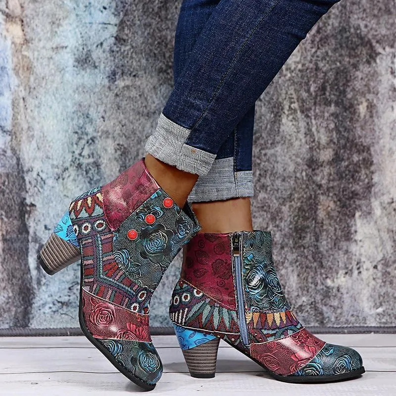Ladies Short Boots Chunky Heels Fashion Casual Retro Floral Print Side Zipper Pointed Toe Ankle Booties Autumn Winter Pump Shoes Leather High Heel Boots Ethnic Style Dressy 2024